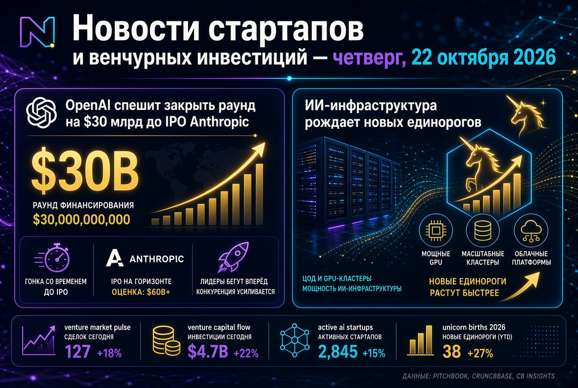 Startup and Venture Investment News — Thursday, October 22, 2026: OpenAI Rushes to Close $30 Billion Round Before Anthropic IPO, while AI Infrastructure Gives Birth to New Unicorns