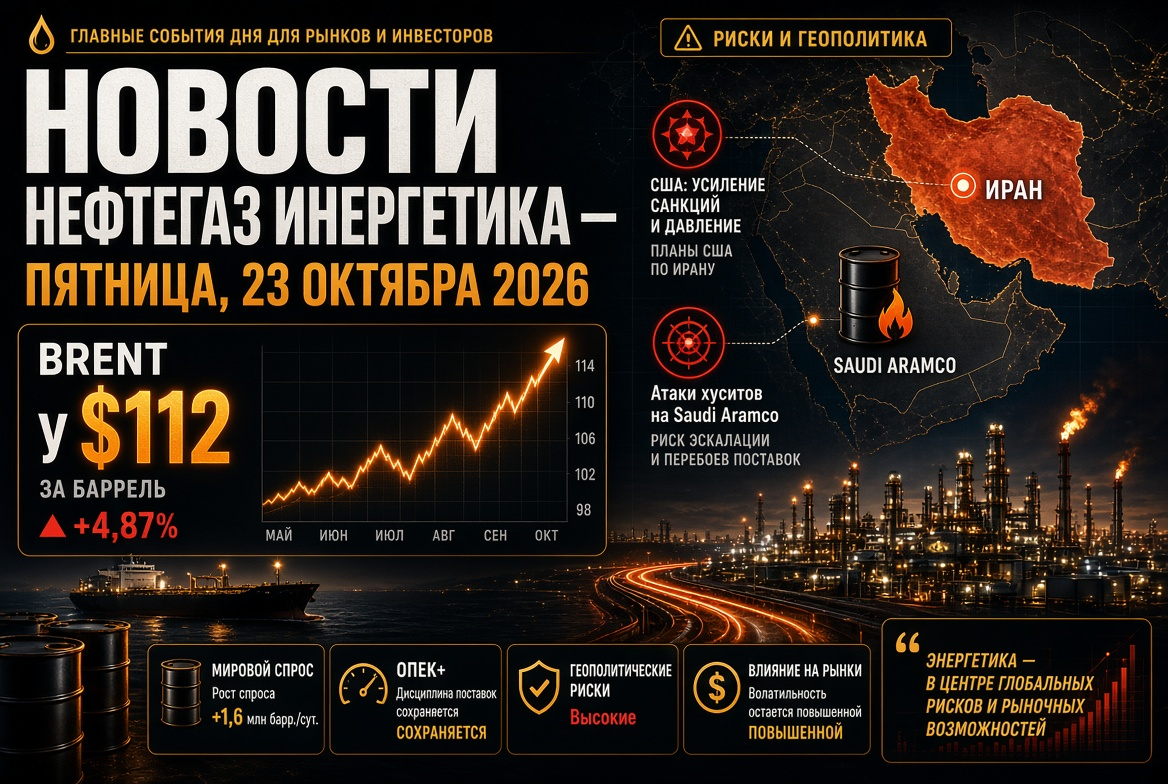 Oil and gas news — Friday, October 23, 2026: Brent at $112 amid U.S. plans regarding Iran and Houthi attacks on Saudi Aramco