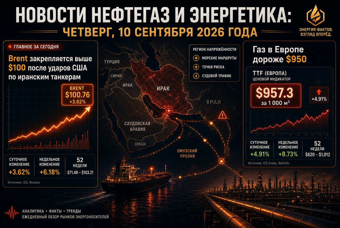 Oil and Gas News: Thursday, September 10, 2026 - Brent Stabilizes Above $100 After US Strikes on Iranian Tankers, Gas in Europe is Over $950