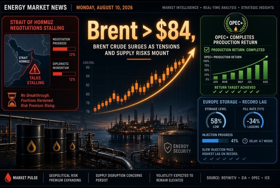 Oil and Gas News and Energy - Monday, August 10, 2026: Negotiations over the Strait of Hormuz Stall, Brent above $84, OPEC+ Completed Return of Production, Europe Filling Storage with Record Lag