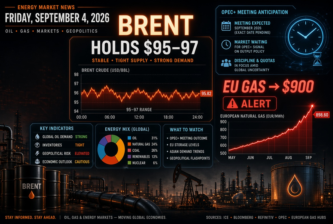 Oil and Gas News – Friday, September 4, 2026: Brent Holds at $95–97 Awaiting OPEC+ Meeting, Gas in Europe Surges to $900