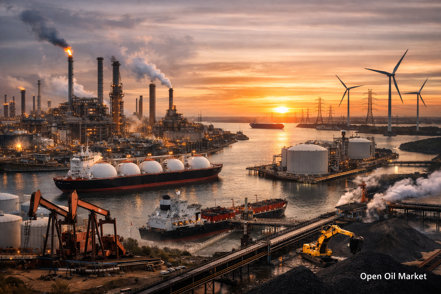 Oil Refinery, LNG Terminal, Oil Tankers, and Coal Port at Sunset - Global Oil and Gas Market and Energy February 18, 2026