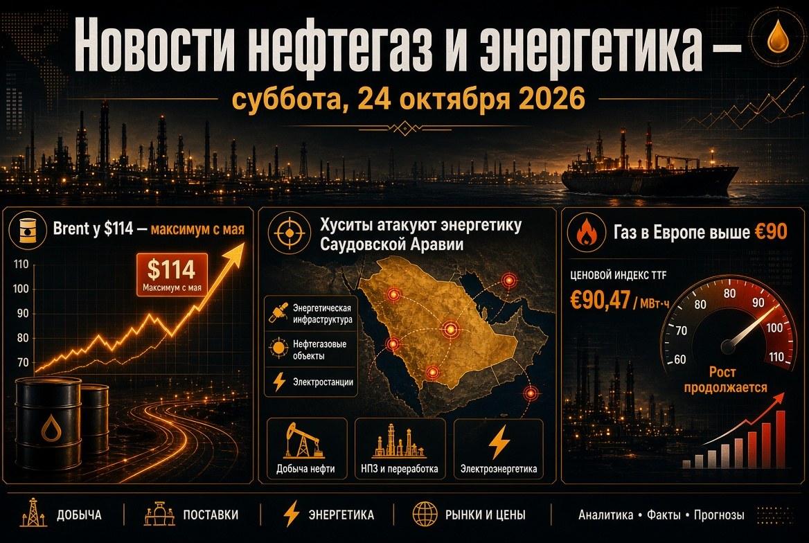 Oil and Gas News — Saturday, October 24, 2026: Brent at $114 — Highest Since May, Houthis Attack Saudi Energy, Gas in Europe Exceeds €90