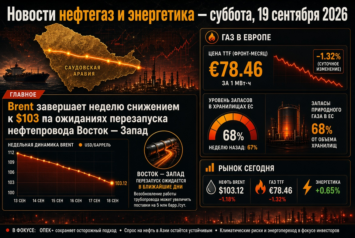 Oil and Gas News - Saturday, September 19, 2026: Brent Ends Week Lower at $103 Amid Pipeline Restart Expectations, Gas in Europe Around €78 with 68% Storage