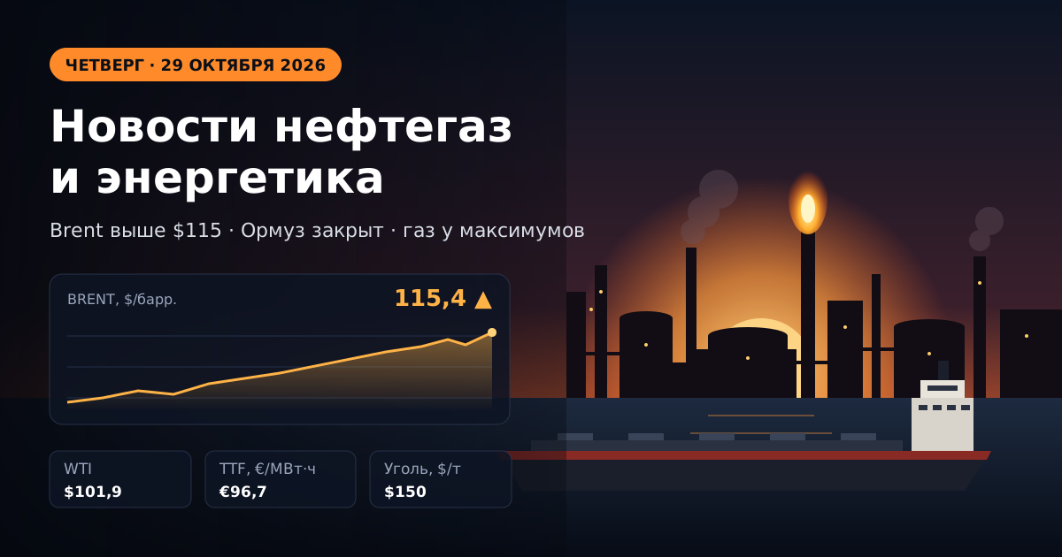 Oil, gas and energy news — Thursday, 29 October 2026: Brent above $115 after Houthi strike on Ras Tanura, gas in Europe at 2022 highs