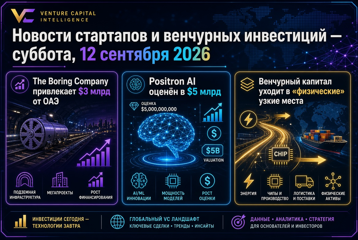 Startup and Venture Investment News — Saturday, September 12, 2026: The Boring Company attracts $3 billion from the UAE, Positron AI valued at $5 billion, and venture capital flows into "physical" bottlenecks.