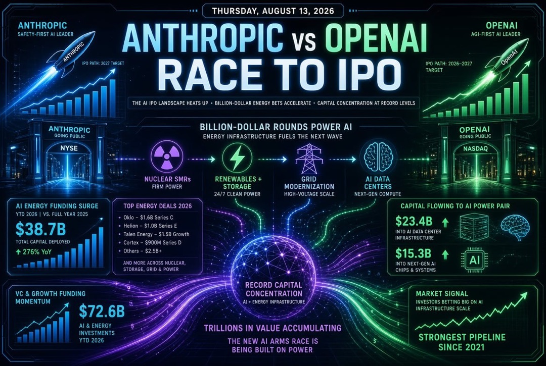 Startup and Venture Capital News — Thursday, August 13, 2026: The Race of Anthropic and OpenAI to the Stock Exchange, Billion-Dollar Rounds in Energy for AI and Record Capital Concentration