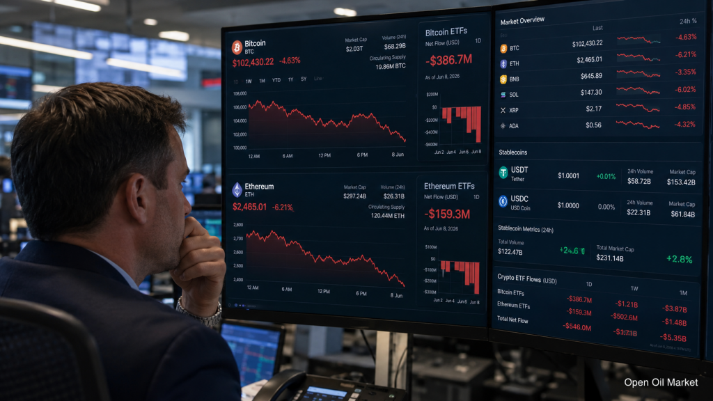Cryptocurrency Market June 8, 2026: Bitcoin Under Pressure, Ethereum Declines, Stablecoins Strengthen Positions
