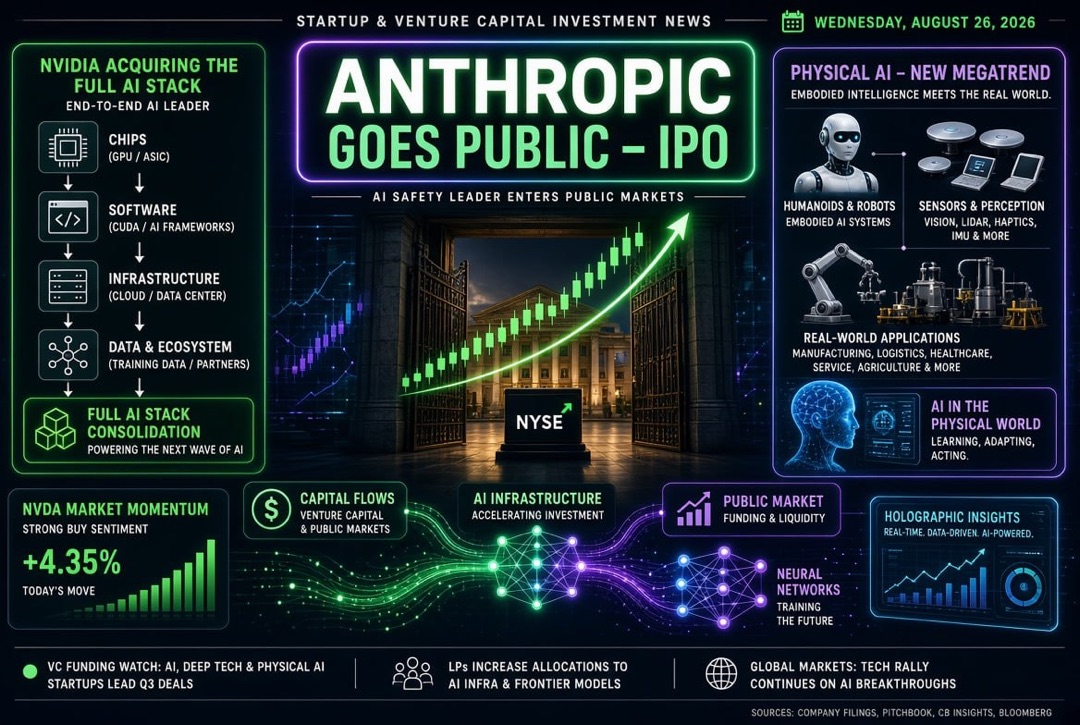 Startup and Venture Investment News — Wednesday, August 26, 2026: Anthropic Goes Public, Nvidia Acquires Entire AI Stack, and Physical AI Becomes New Megatrend