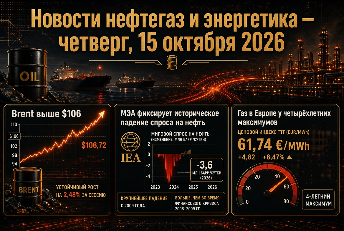 Oil and Gas News — Thursday, October 15, 2026: Brent above $106, IEA records historic decline in oil demand, gas in Europe at four-year highs