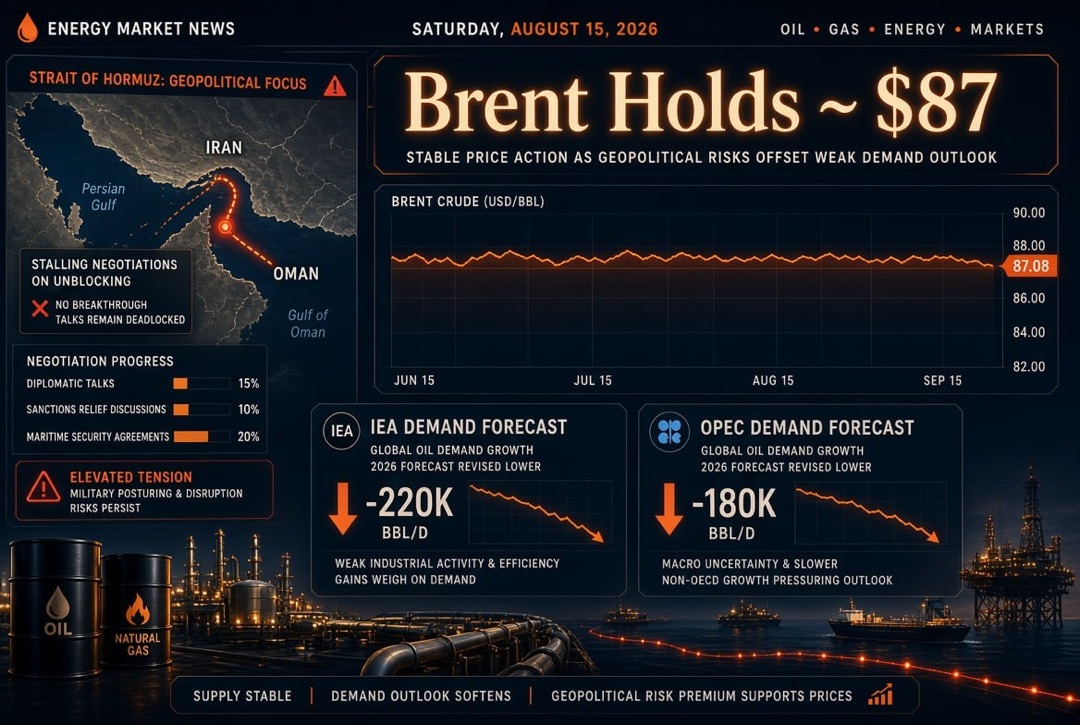 Oil & gas news and energy — Saturday, August 15, 2026: Brent holds at $87 amid stalled talks to unlock the Strait of Hormuz; IEA and OPEC lower demand forecasts