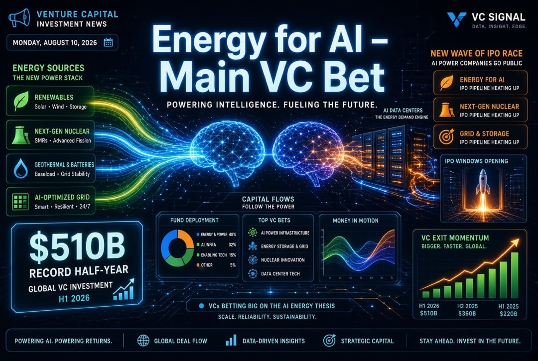 Startup and Venture Investment News — Monday, August 10, 2026: Energy for AI becomes the main venture bet, record $510 billion for the half-year and a new wave of the IPO race.
