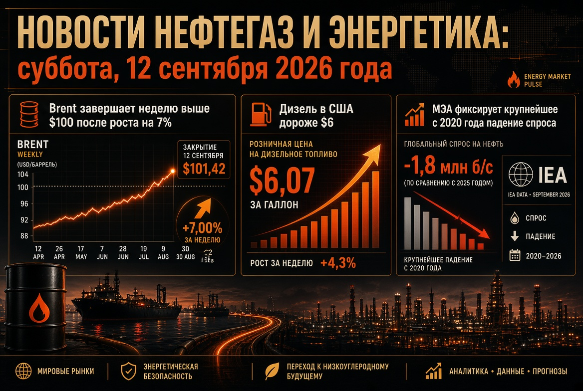 Oil and Gas News: Saturday, September 12, 2026 - Brent Closes the Week Above $100 After 7% Increase, Diesel in the U.S. Over $6, IEA Reports Largest Demand Drop Since 2020