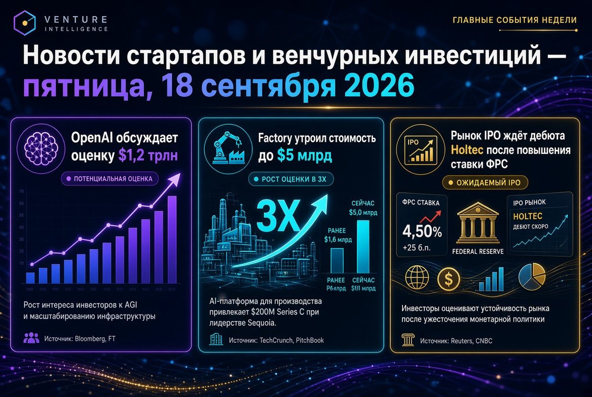 Startup and Venture Capital News — Friday, September 18, 2026: OpenAI Discusses $1.2 Trillion Valuation, Factory Triples to $5 Billion, IPO Market Awaits Holtec Debut After Fed Rate Hike