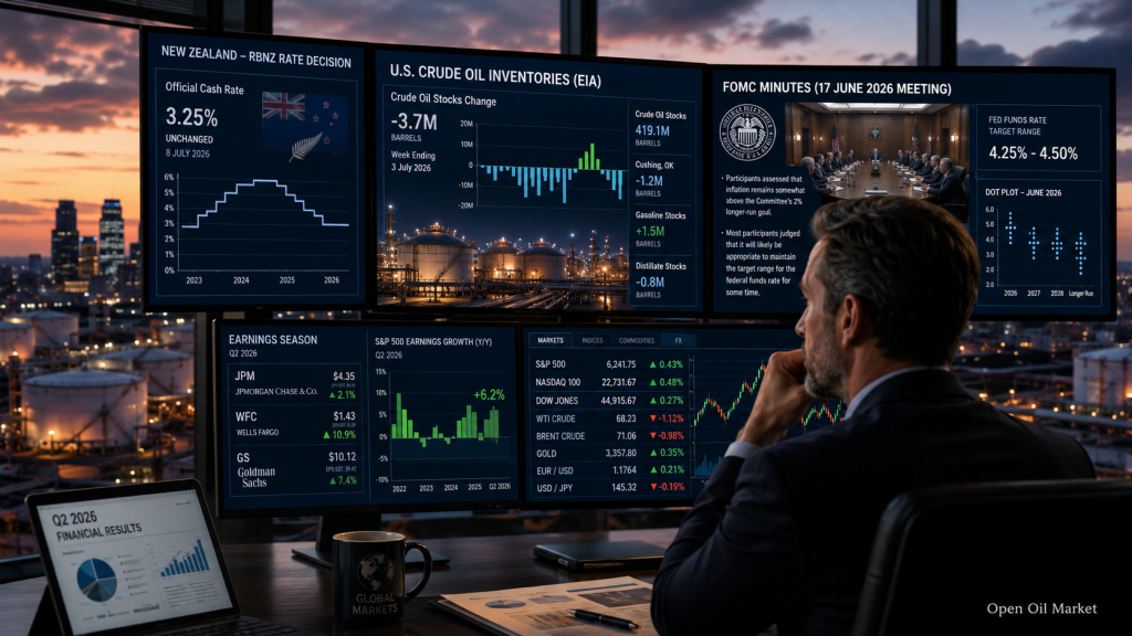 Economic Events and Corporate Reports, Wednesday, July 8, 2026: RBNZ Rate, EIA Oil Inventories, and FOMC Minutes