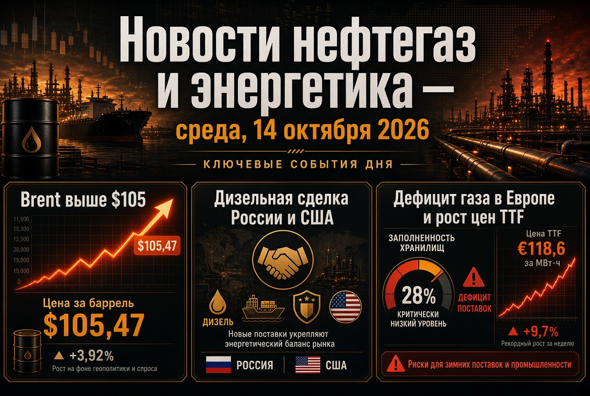 Oil and Gas News and Energy — Wednesday, October 14, 2026: Brent Above $105, Diesel Deal between Russia and USA, Gas Shortage in Europe