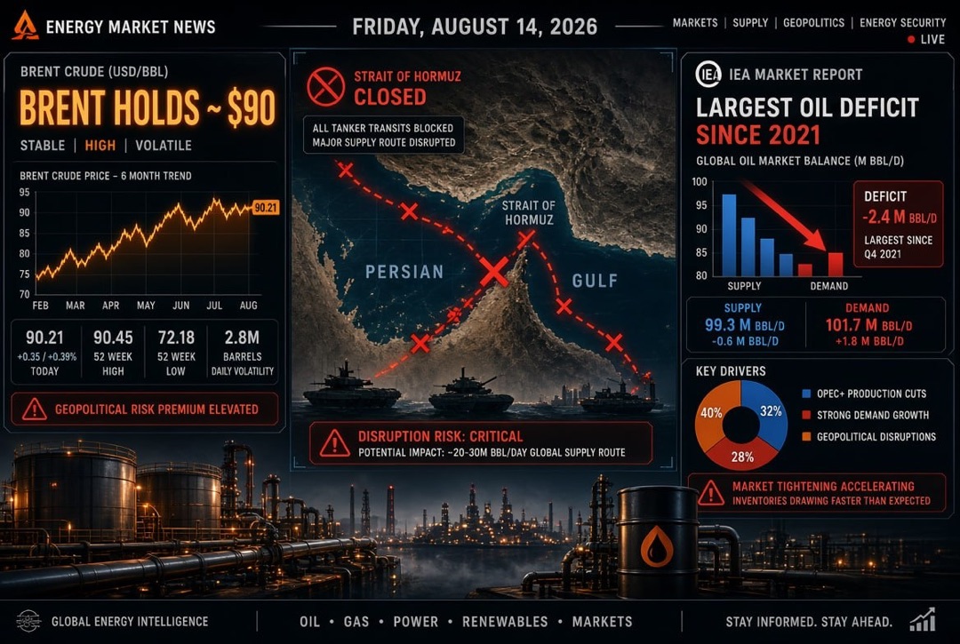 Oil & Gas and Energy News — Friday, August 14, 2026: Brent Holds at $90 Amid Closed Strait of Hormuz; IEA Reports Largest Oil Deficit Since 2021