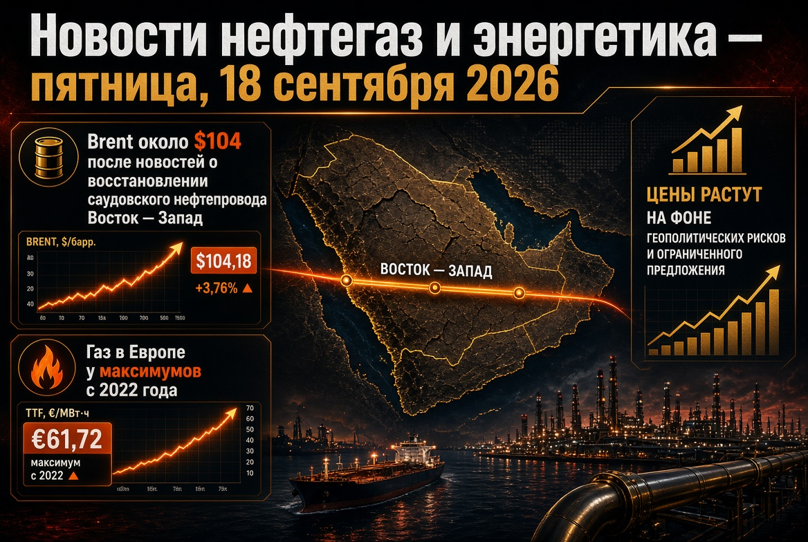 Oil and Gas News and Energy - Friday, September 18, 2026: Brent near $104 after Saudi East-West Pipeline Restoration News, Gas in Europe at 2022 Highs