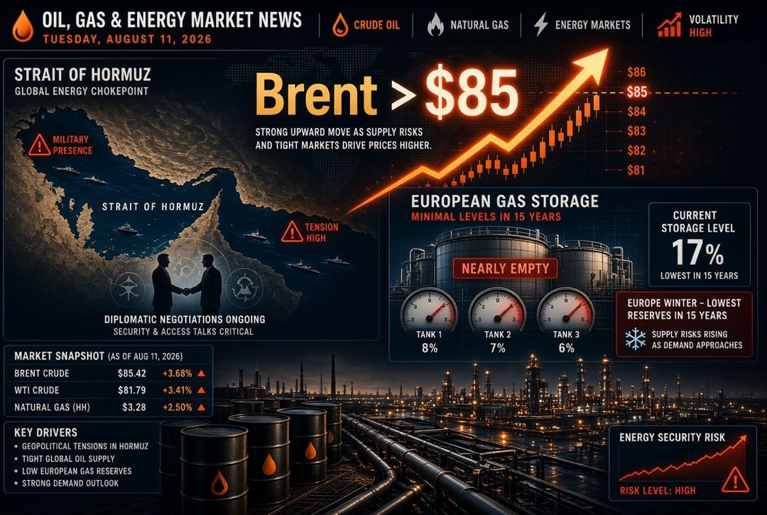 Oil and Gas News — Tuesday, August 11, 2026: Brent Surpasses $85 Amid Hormuz Strait Negotiations, Europe Enters Winter with Record Low Gas Reserves