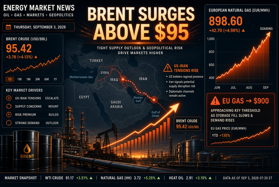 Oil and Gas News — Thursday, September 3, 2026: US-Iran Escalation Drives Brent Above $95, Gas in Europe Soars to $900