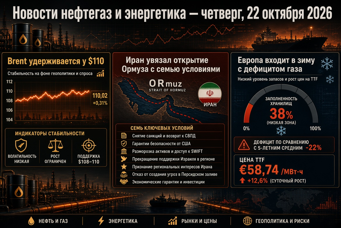 Oil and Gas News - Thursday, October 22, 2026: Brent holds at $110, Iran links the opening of Hormuz with seven conditions, Europe enters winter with gas shortages.