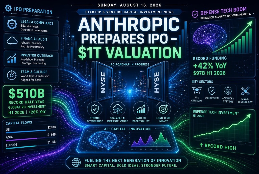 Startup and Venture Investment News — Sunday, August 16, 2026: Anthropic Prepares $1 Trillion IPO, Record $510 Billion in Six Months, and Defense Technology Boom