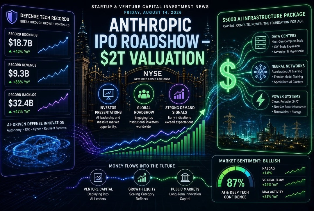 Startup and Venture Investment News - Friday, August 14, 2026: Anthropic's $2 Trillion IPO Roadshow, $500 Billion AI Infrastructure Package, and Defense Technology Records